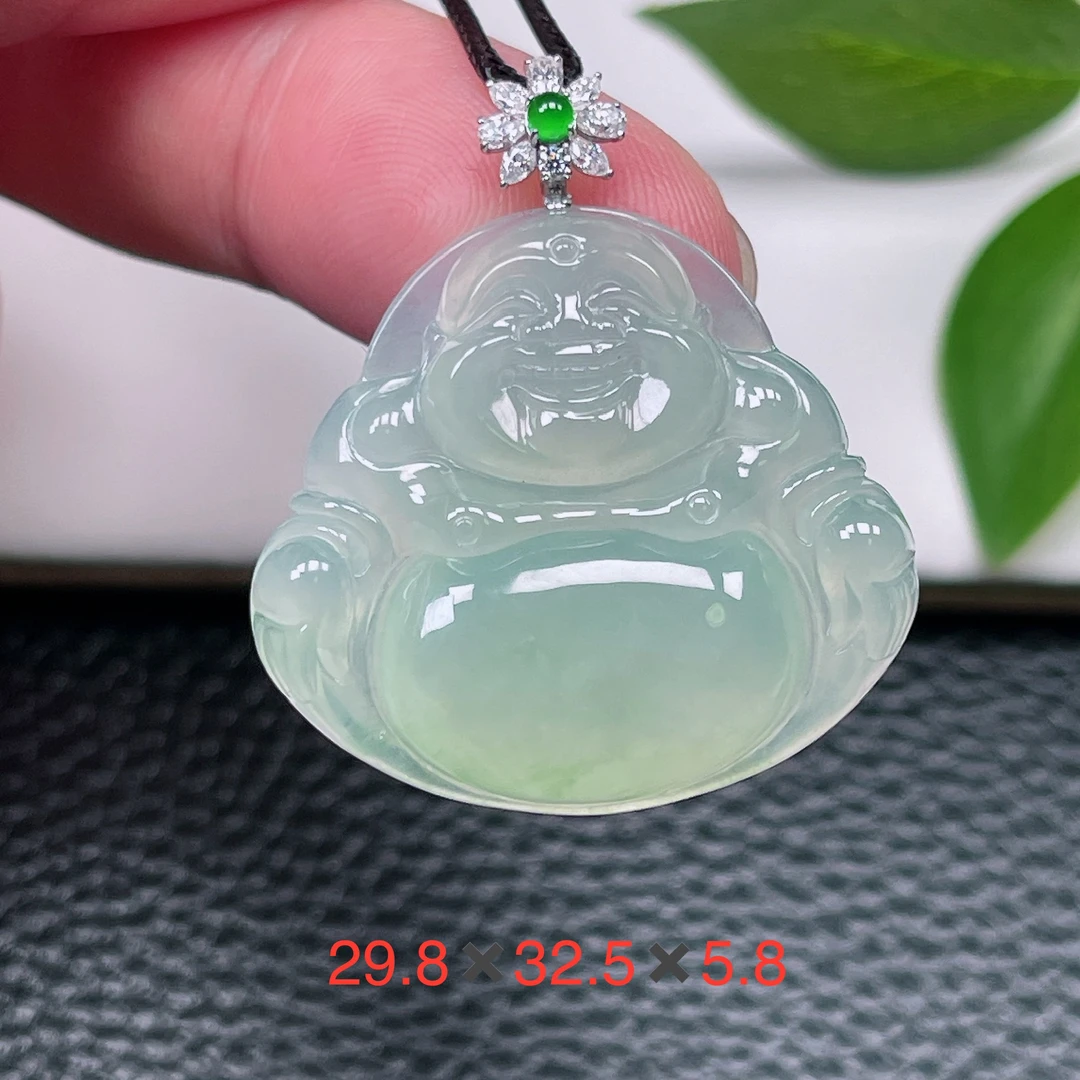天然缅甸翡翠A货～冰种芙蓉底色大肚佛公吊坠冰润玉佛笑佛挂件37