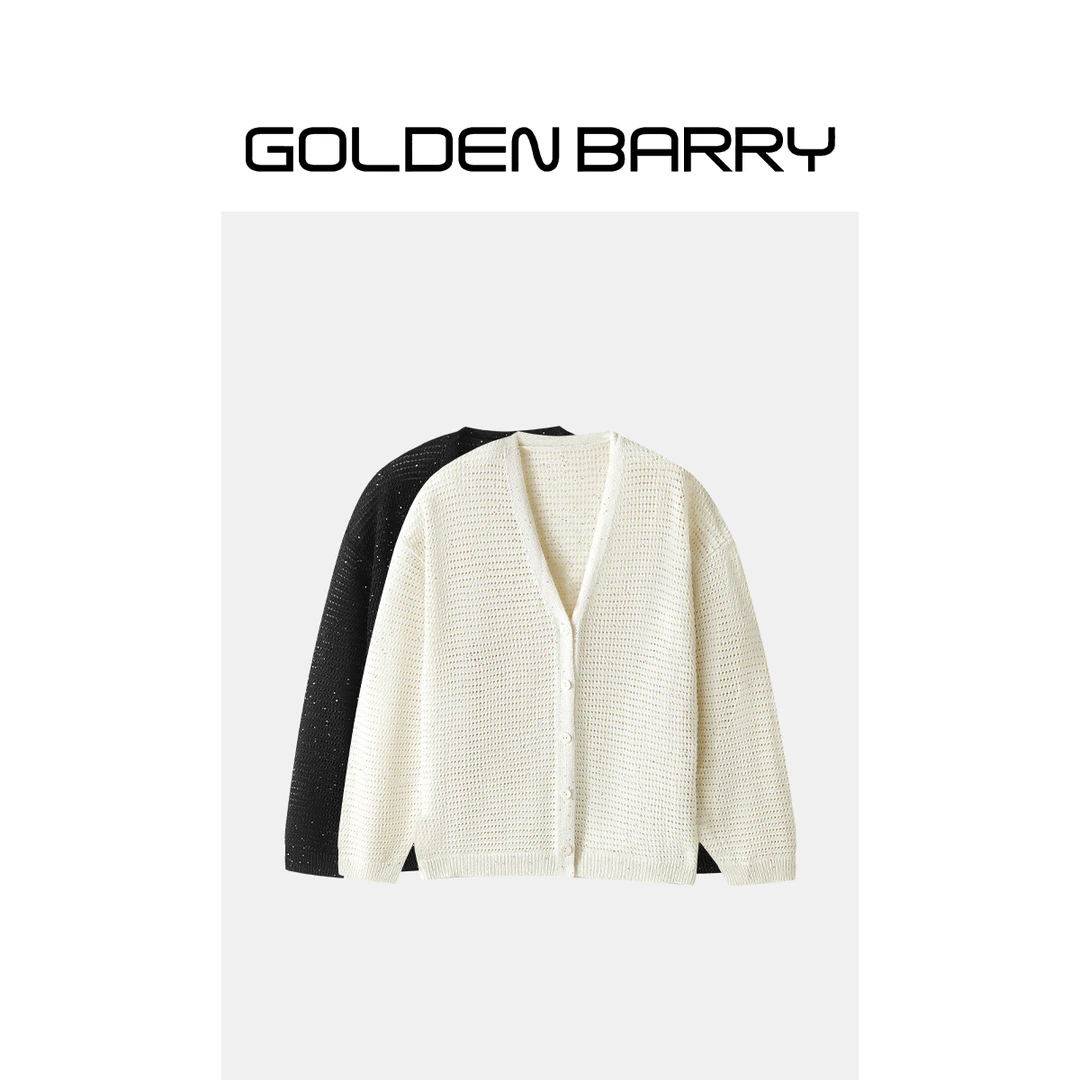 GOLDENBARRY|242265深V领金丝珠片镂空针织开衫 【微瑕1】