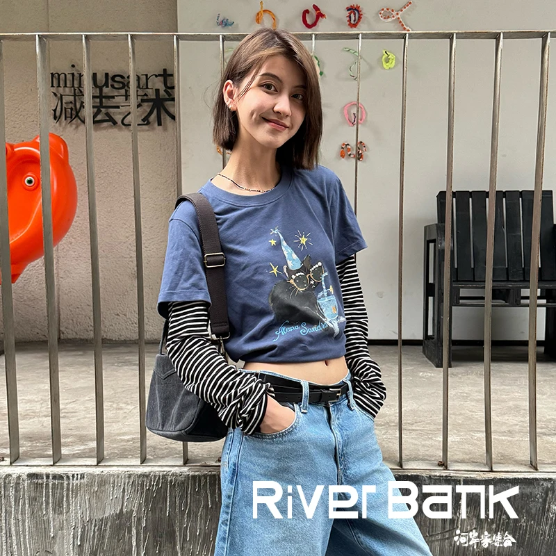 河岸家设计师AlexiaSandra休闲长袖猫咪印花假两件T恤25秋