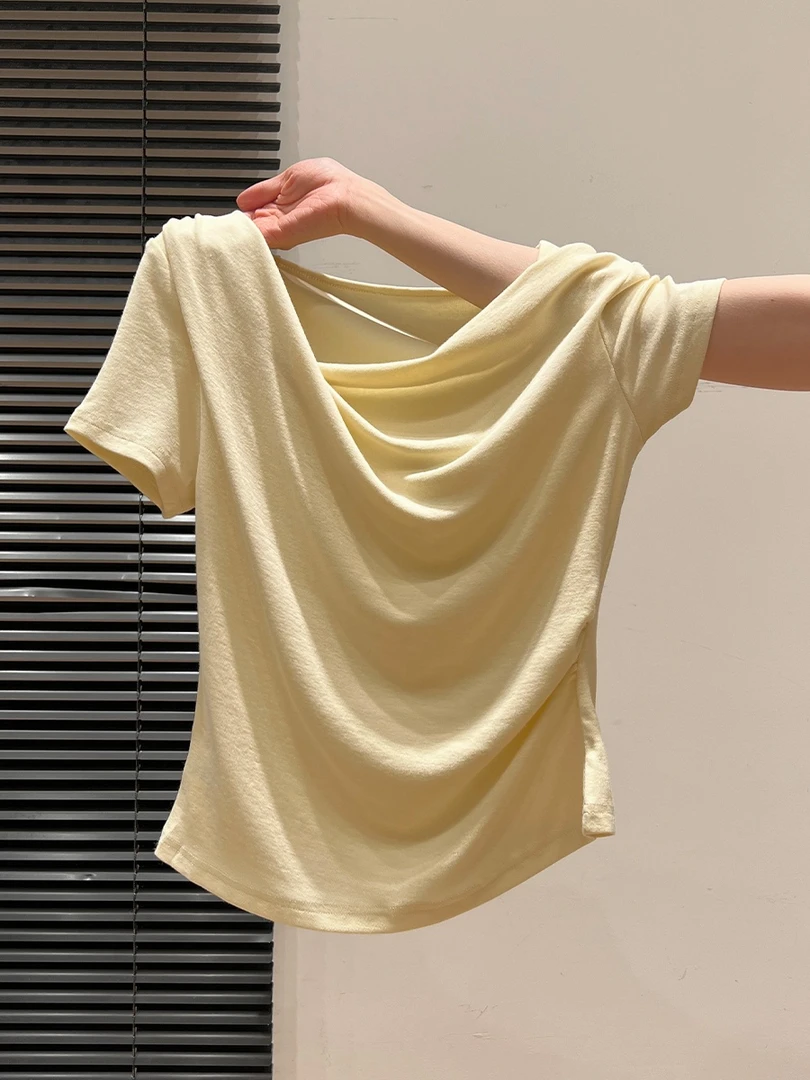 XIXI黄色一字肩荡领短袖T恤女夏2025新款露肩设计感修身小众上衣
