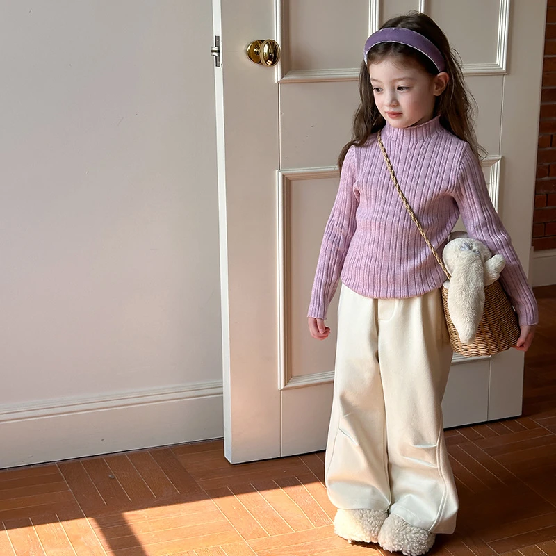 春秋女童柔软高弹力半高领百搭打底纯色针织衫紫粉色8847