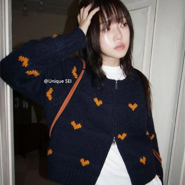 Unique SEI 韩版温柔撞色爱心宽松圆领拉链休闲针织开衫毛衣外套