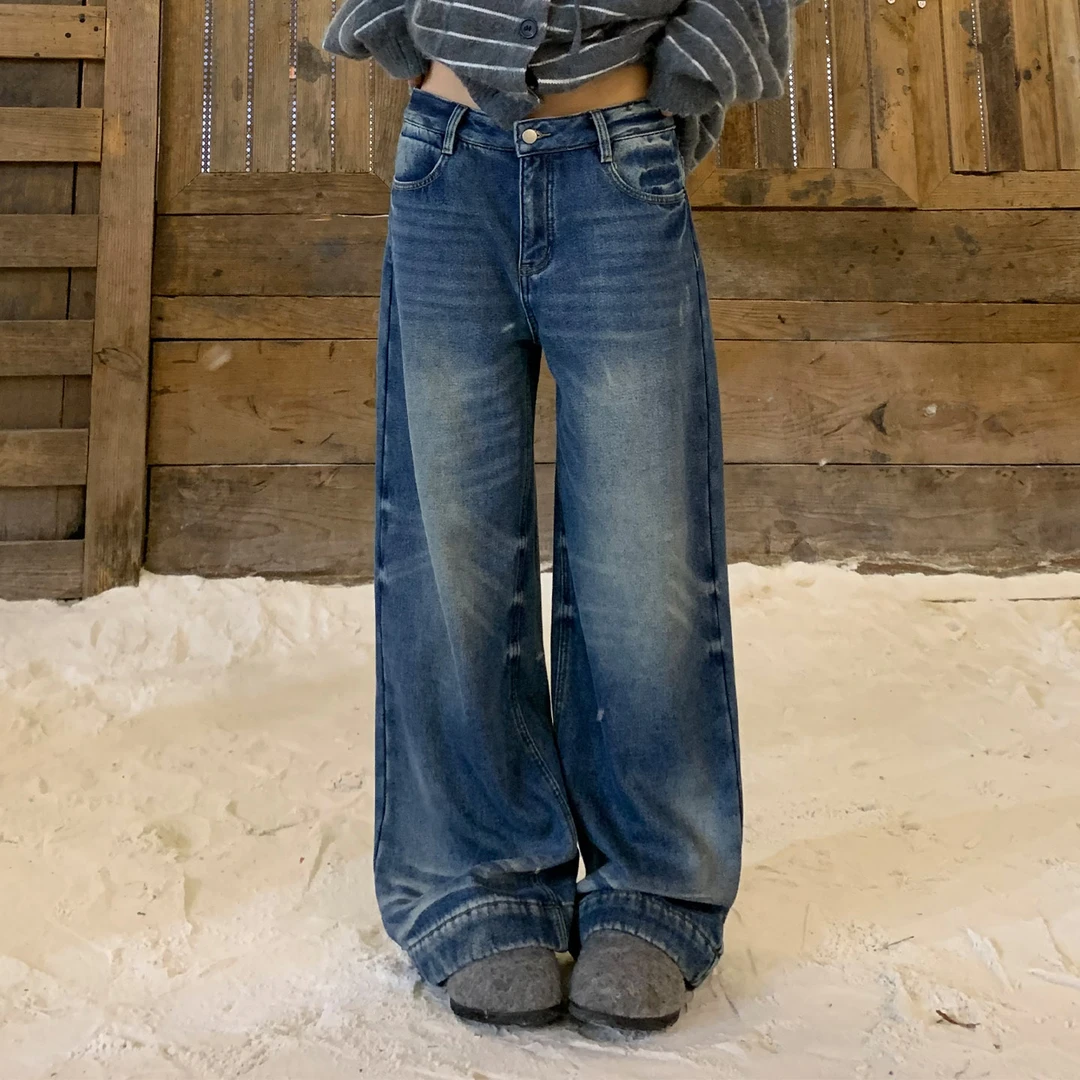 饭饭又饿了复古a版蓝调水洗猫爪阔腿裤秋季休闲百搭宽松ins牛仔裤