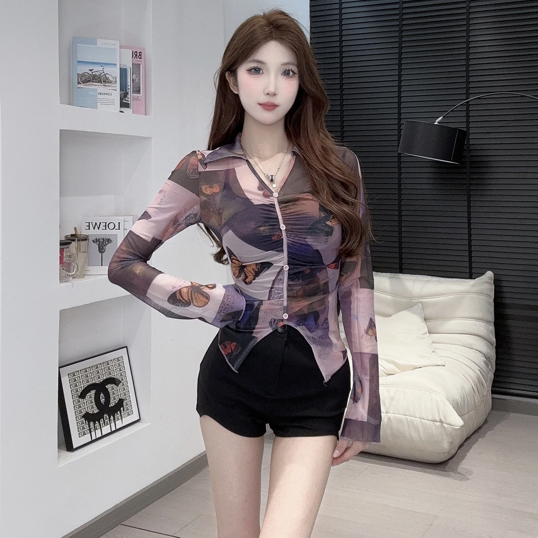 【零零推荐】性感辣妹网纱Polo女小众百搭修身上衣WSSY14-08