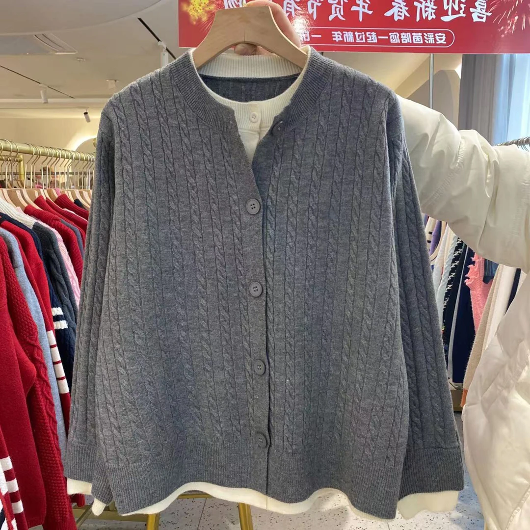 【假两件】撞色拼接毛针织开衫早春新款秋冬毛衣外套-9333