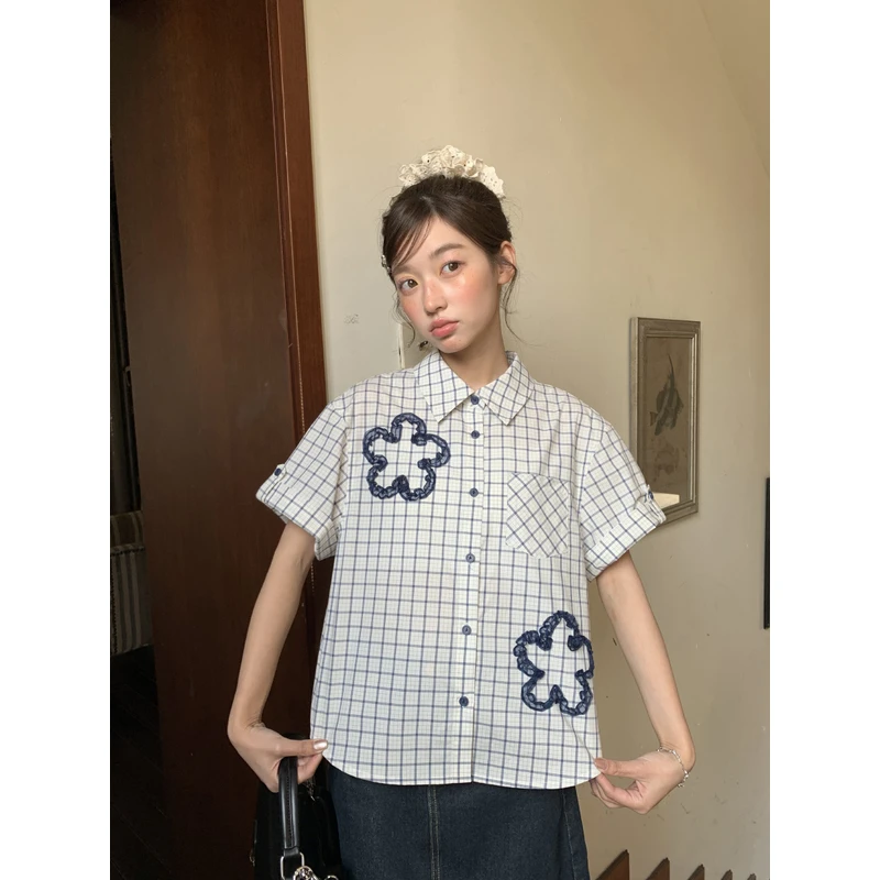 Jiang jam/姜姜姜酱日系少女格纹花朵衬衫