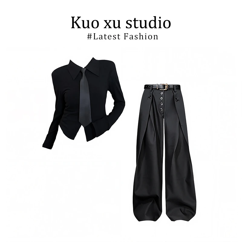 2025领带设计洋气高级感小众修身显瘦时尚打底上衣显瘦百搭阔腿裤