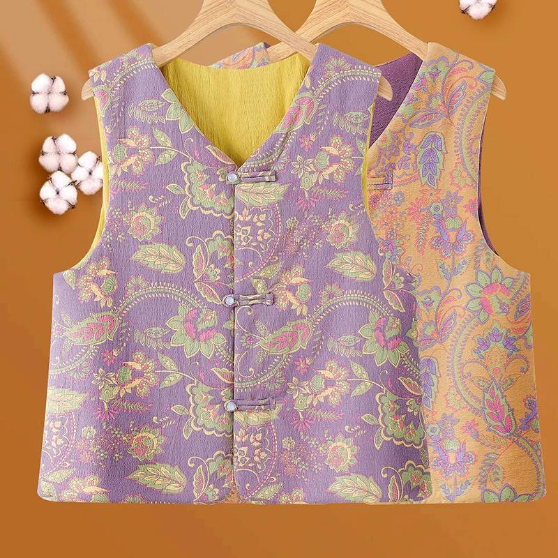 秋冬新款国风复古盘扣马甲背心女士新中式洋气印花坎肩小马夹上衣