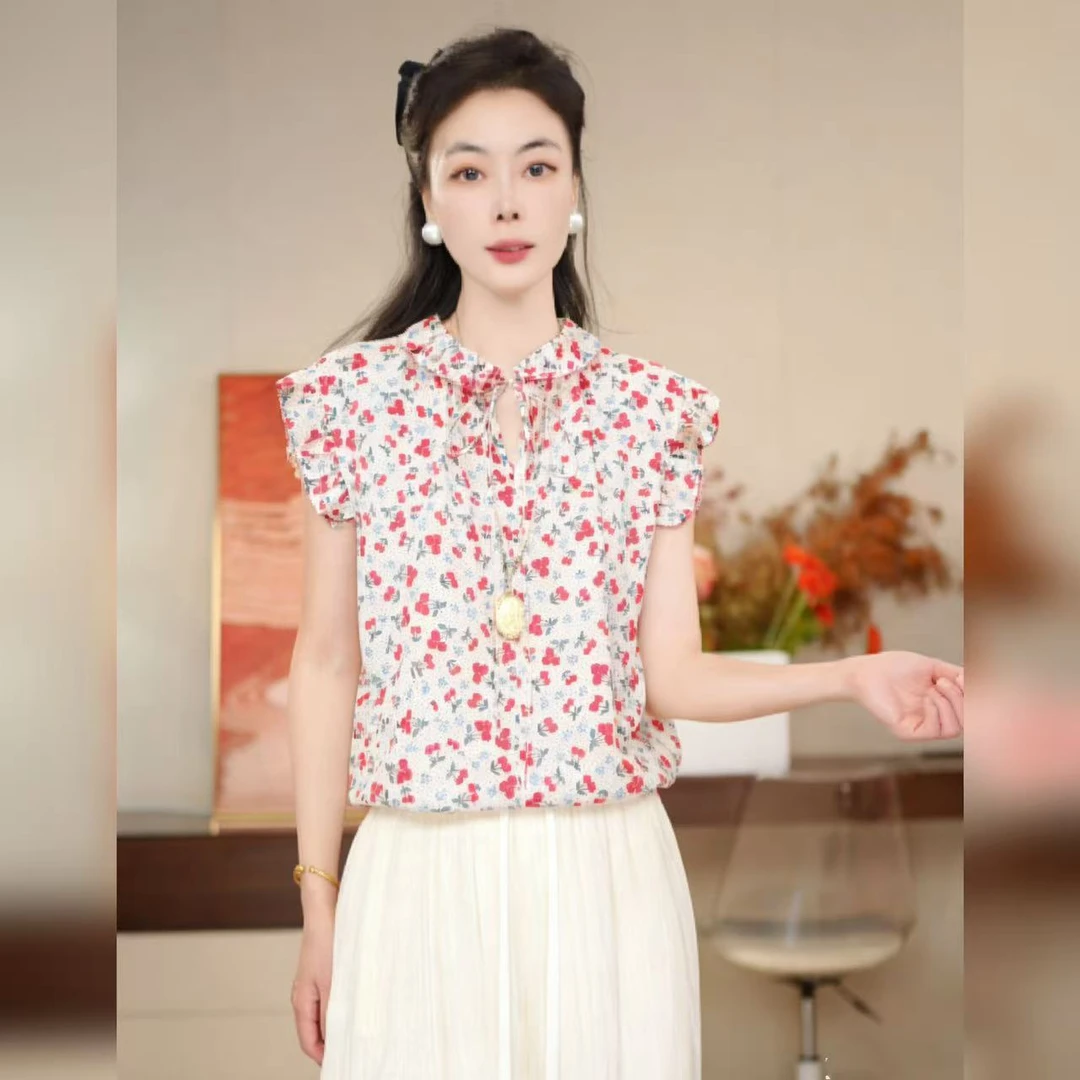 【多米拉】01326-1樱桃枝雪夏季无袖印花上衣碎花