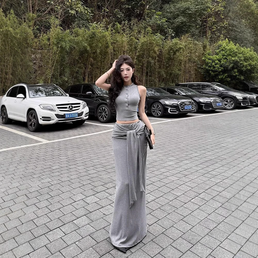 裙子女款爆款2025新款无袖背心上衣+绑带包臀半身长裙两件套套装