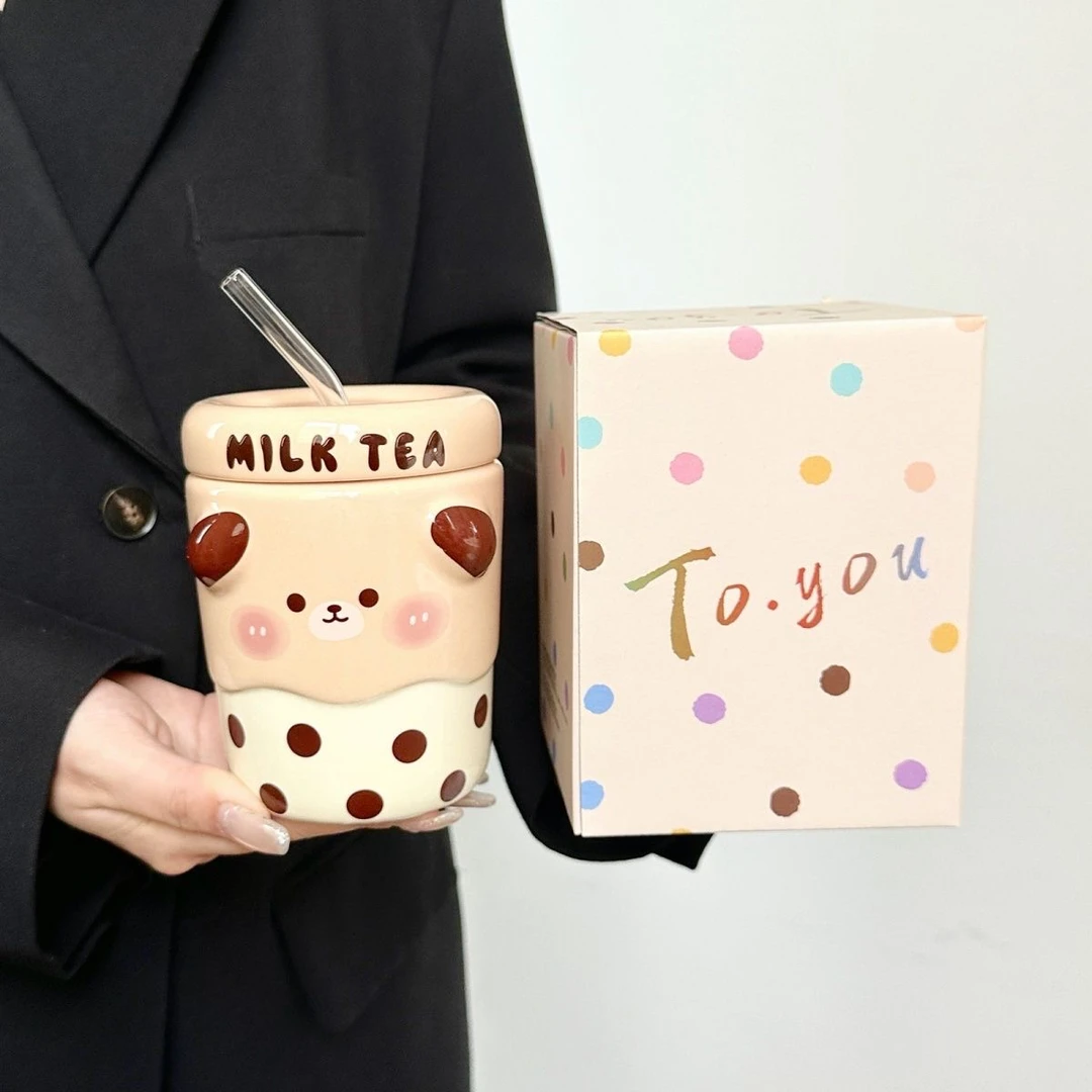 生日礼物送女生伴手礼高颜值卡通动物带盖吸管马克杯大容量陶瓷杯