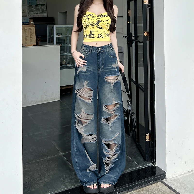 美式复古破洞阔腿牛仔裤女2025年夏季新款高腰宽松显瘦小个子百搭
