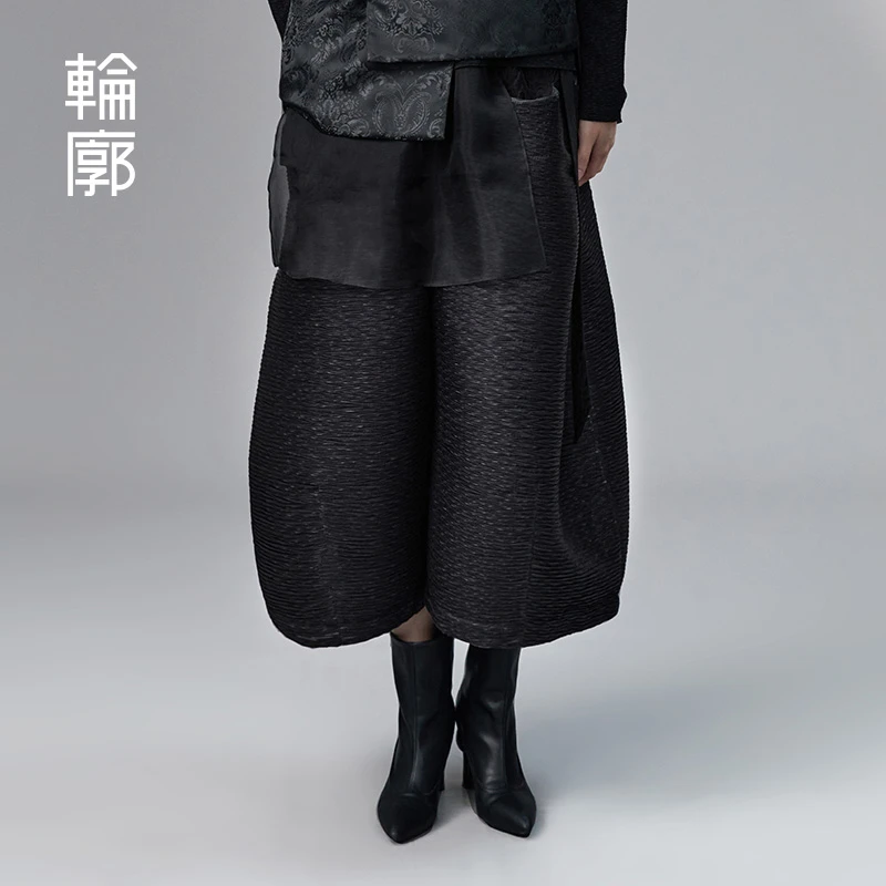 轮廓喜悦阔腿裤L233K010菱格褶皱肌理感复古新中式早秋九分花苞裤