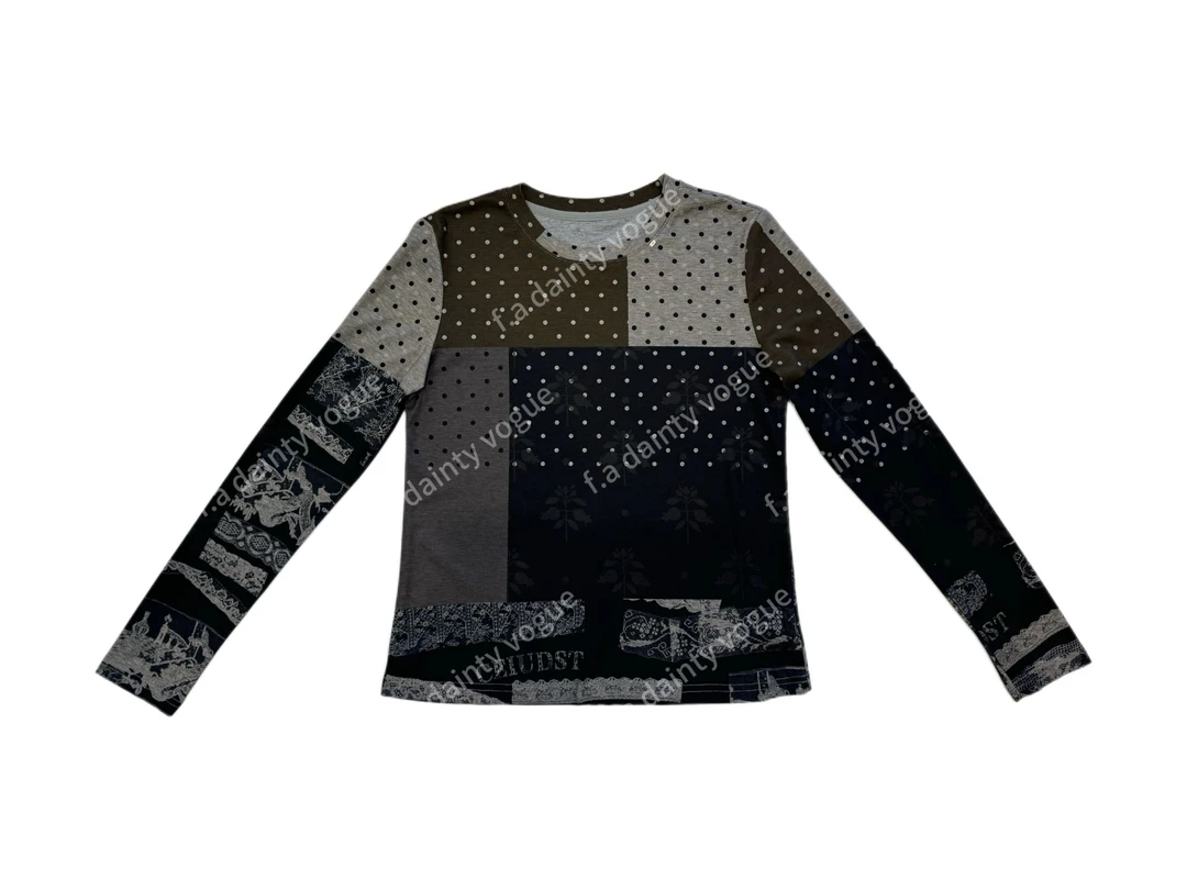 F.A[狂想曲]复古港风波点满印白色拼接T恤女黑色长袖打底时尚