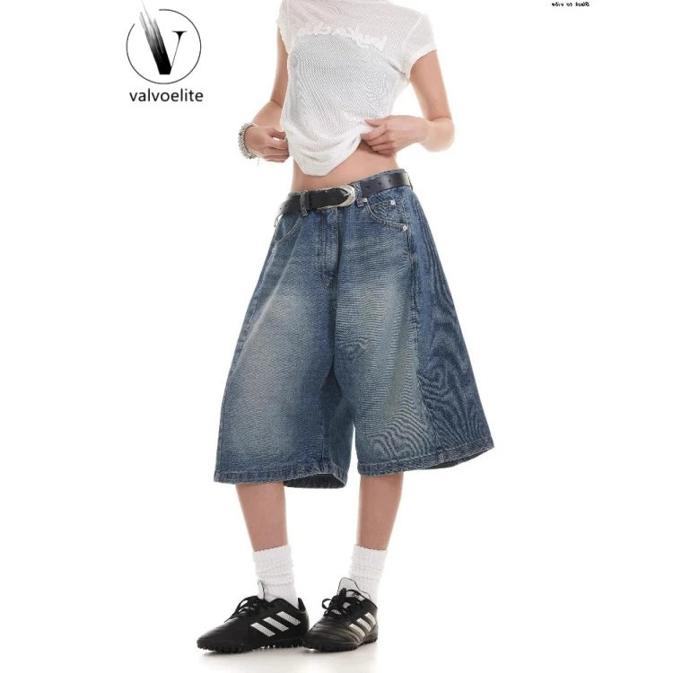 VALVOELITE牛仔短裤男女夏季美式复古水洗宽松百搭阔腿休闲五分裤