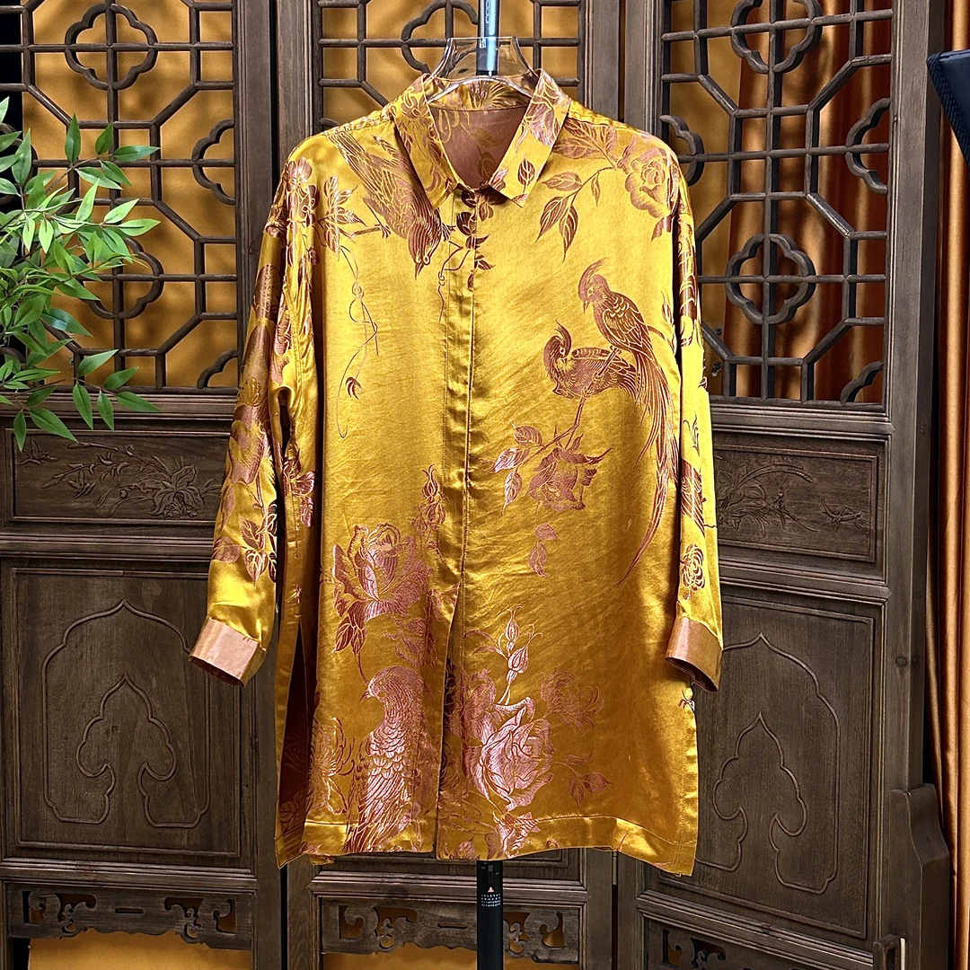 新中式国风桑蚕丝老阮缎中长款时尚衬衫上衣