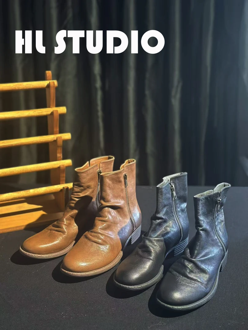 时装筒靴靴旧疯马柔软冬季时尚休闲百搭女士复古褶皱秋冬