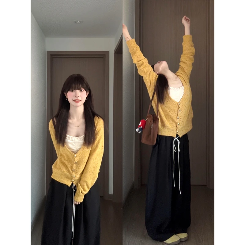 MARIE.COCO秋季新款韩系V领针织毛衣外套内搭上衣阔腿休闲裤套装