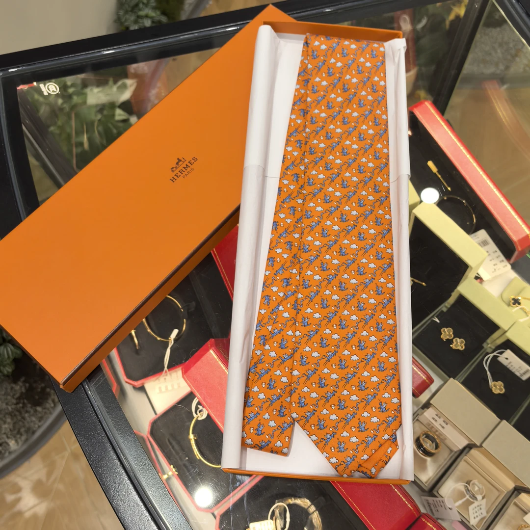 全新未使用 Hermes/爱马仕 蔚蓝中古/爱马仕橙印花领带