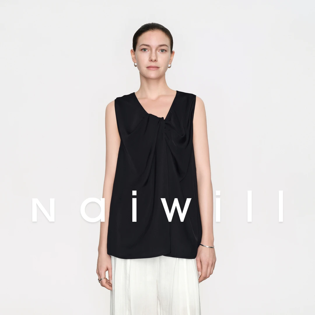 naiwill醋酸混纺高级无袖舒适造型感后扭结设计感黑色背心宽松