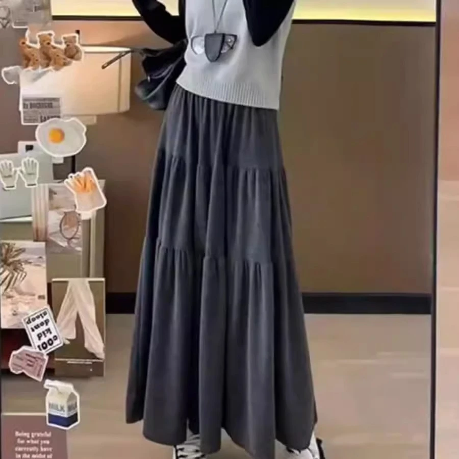 灰色糯米半身裙女温柔风蛋糕裙大码胖mm大摆伞裙皱褶a字中长裙子