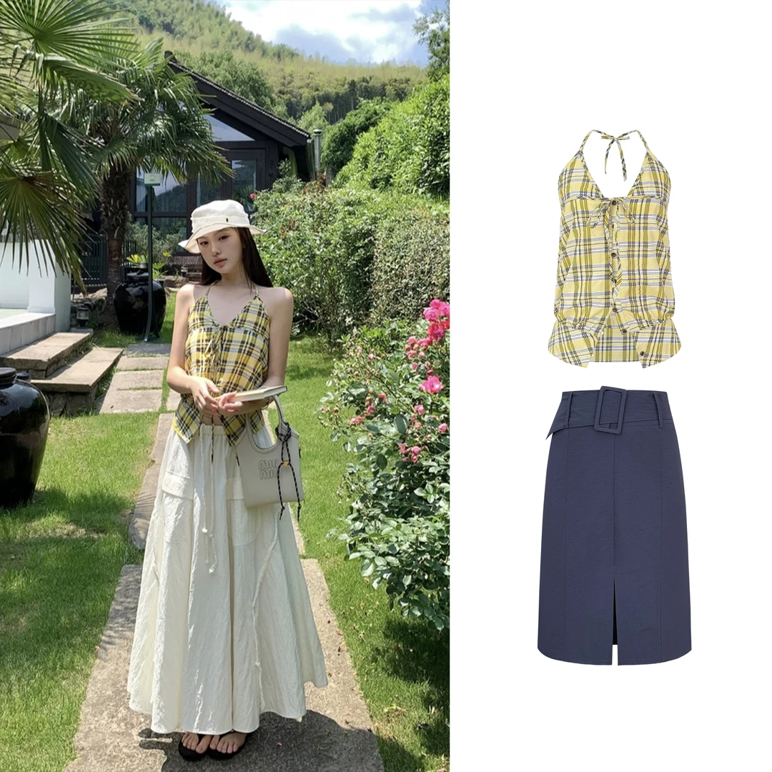 【2000S 千禧辣妹】复古格子挂脖无袖衬衫+半身裙C 8844#