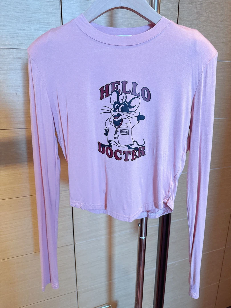 【张静芝】卡通印花垫肩粉色长袖T恤