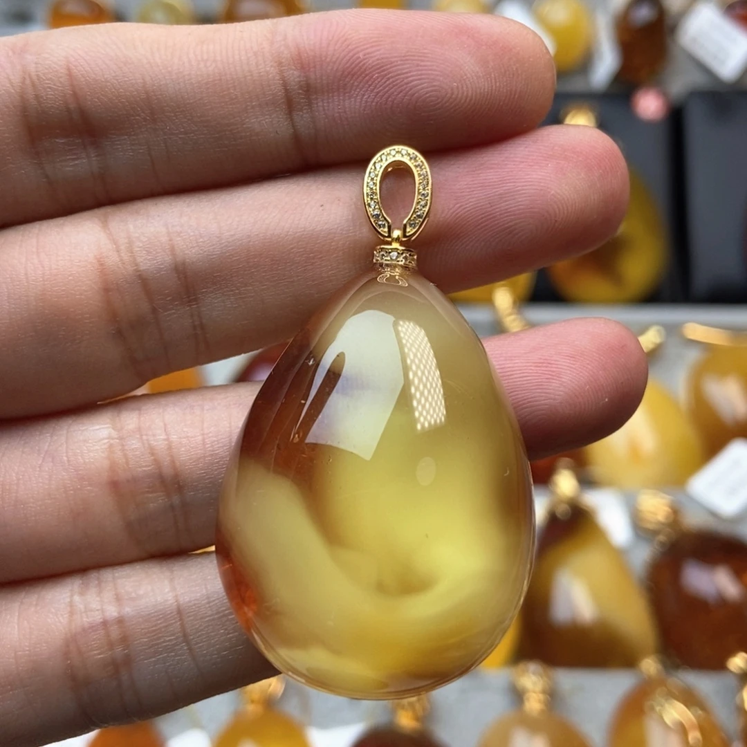 琥珀颈饰银S925镀金镶嵌