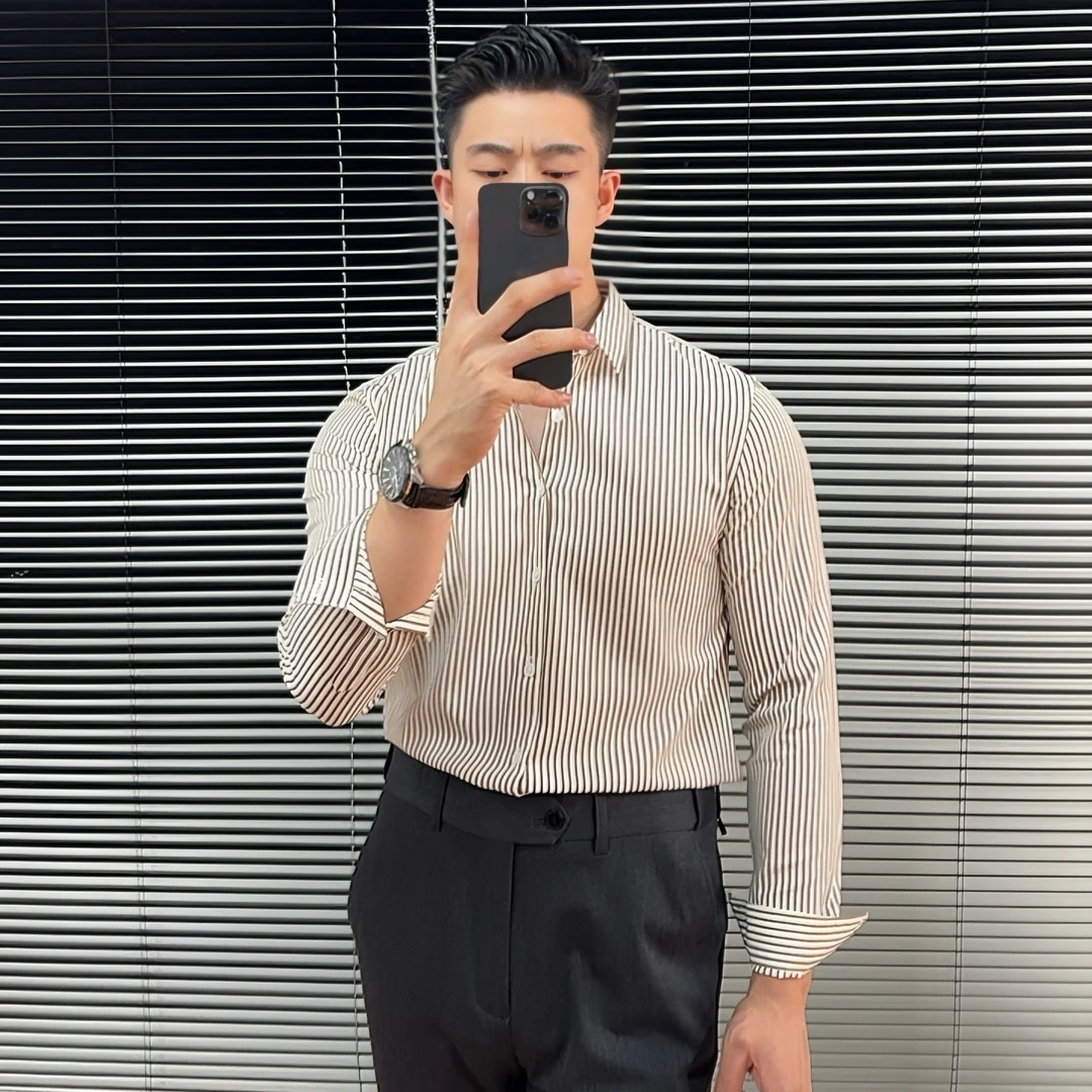 休闲条纹男士商务男修身免烫长袖衬衫痞帅秋季竖条纹帅气衬衣男装