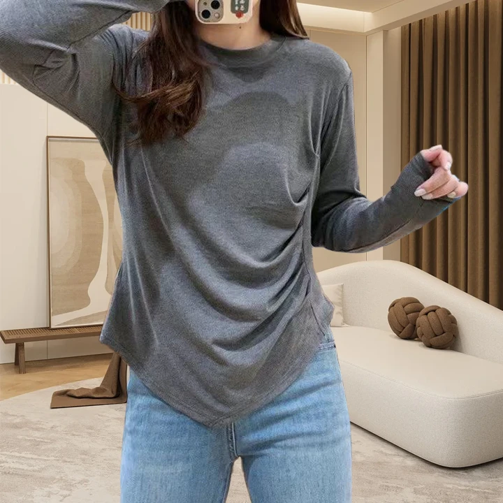 大码冬季气质不规则下摆收腰显瘦设计正肩百搭长袖t恤女休闲上衣