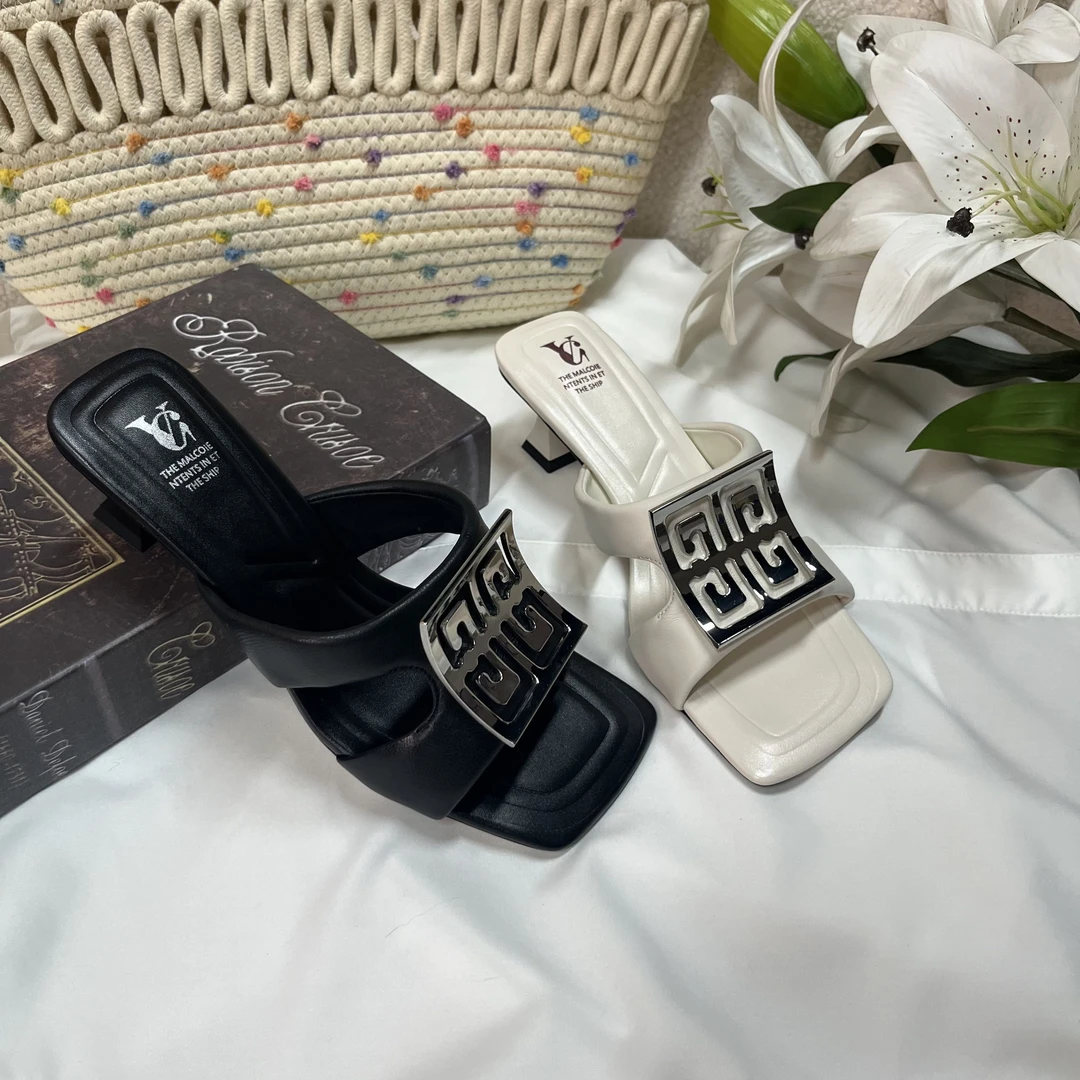 范戈希牛皮跟5CM时尚百搭夏季外穿细跟方头中跟轻奢女凉鞋买1赠3