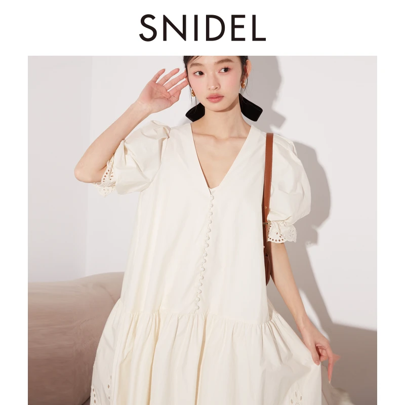 SNIDELV领泡泡袖镂空棉蕾丝宽松连衣裙SWFO241310