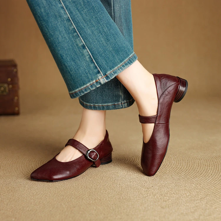 牛羊皮~2.5cm春秋新款方头单鞋软底芭蕾舞低跟玛丽珍浅口百搭女鞋
