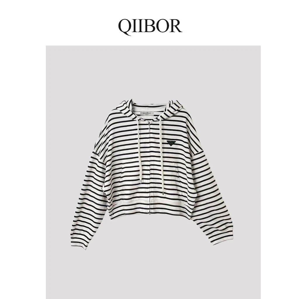 QB【闲暇时光】条纹时尚连帽宽松休闲卫衣250061