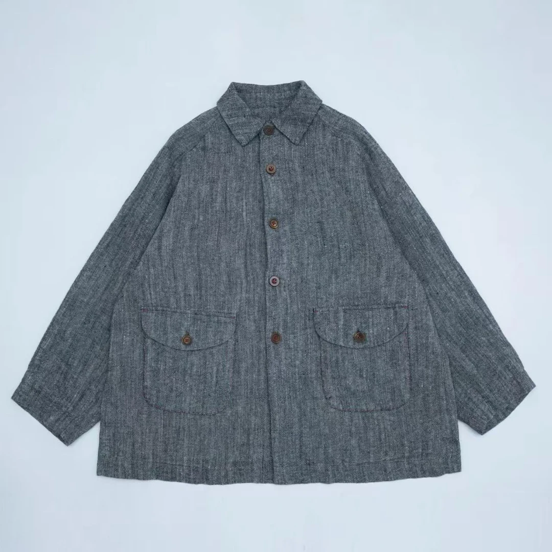 素朴布衣 垒土原创0470秋新宽松休闲质朴色织棉麻外套女