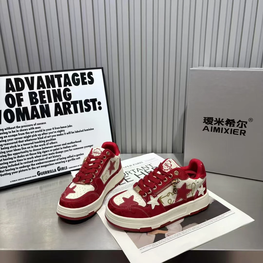 新年红色款真皮星星板鞋女2025春季新款厚底圆头时尚休闲运动鞋潮