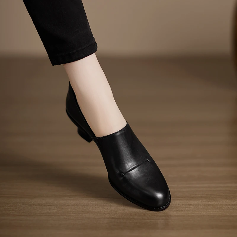 修悦粗跟黑色真皮深口单鞋春季时尚百搭乐福鞋纯色圆头老钱风单鞋