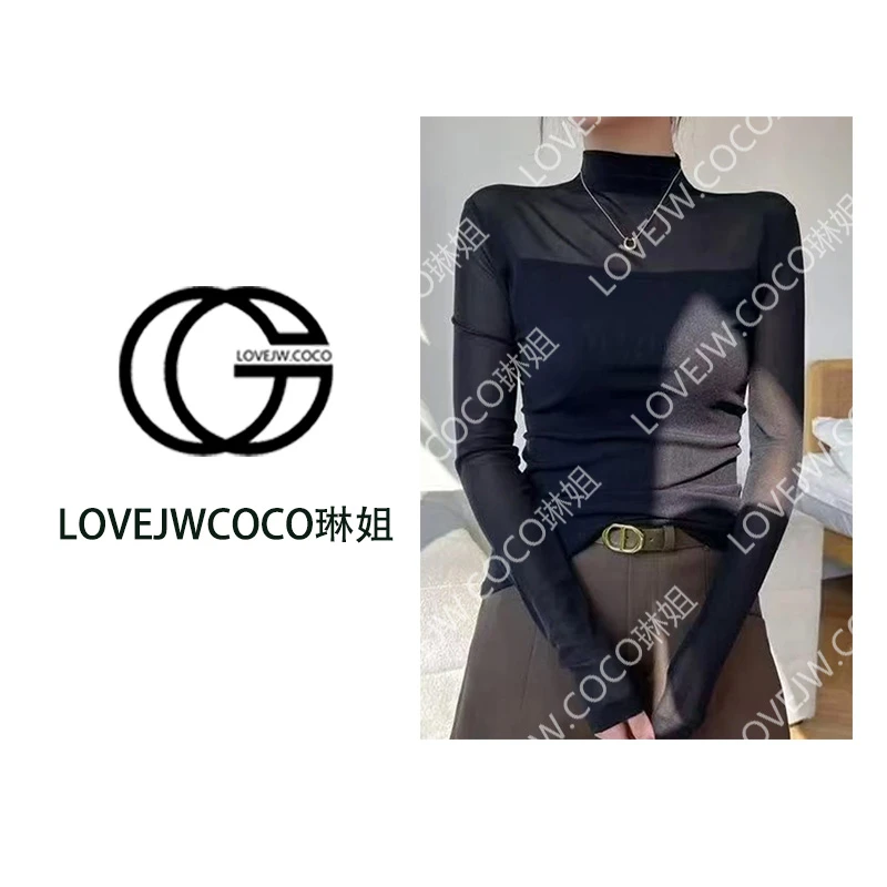 【LOVEJWCOCO】拼接半高领网纱打底衫女早秋新气质修身内搭长袖4861