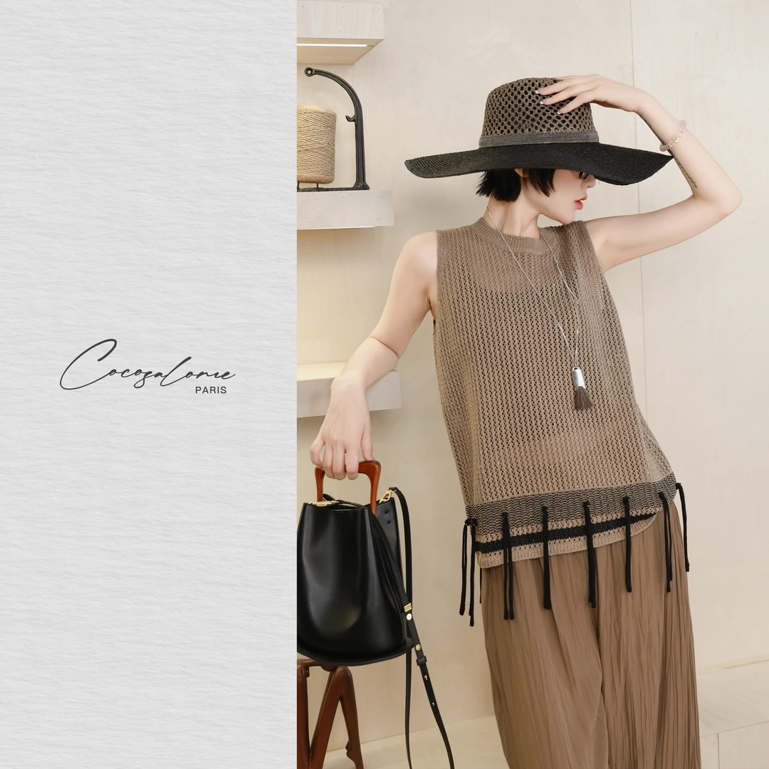 韩彬彬"流苏"夏季天丝桑蚕丝舒适通勤穿搭镂空流苏编织背心1719-9