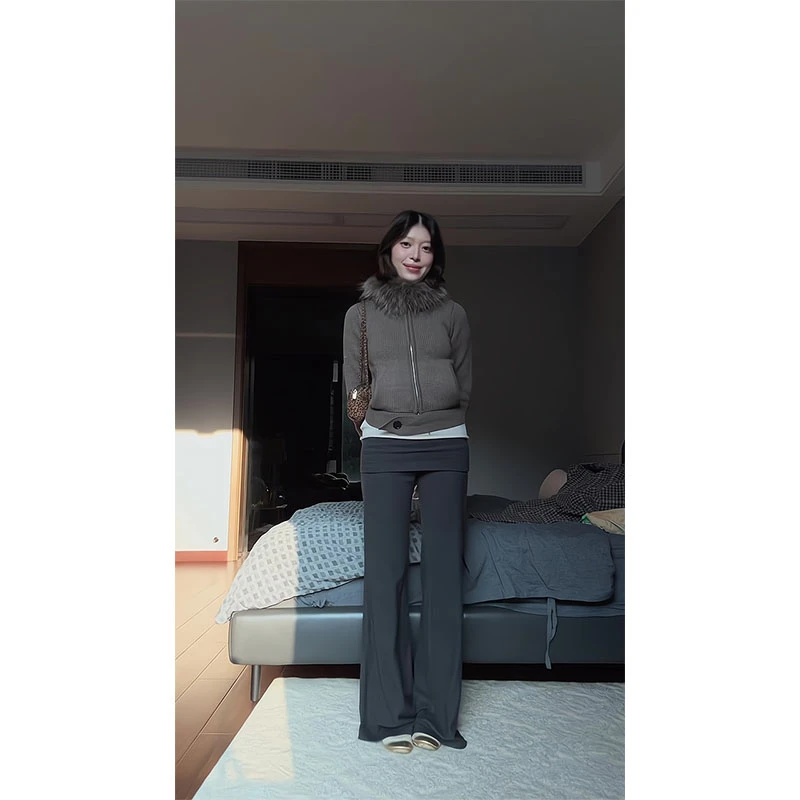 韩系修身毛衣女秋冬季新款百搭毛毛领针织开衫外套上衣屁帘微喇裤