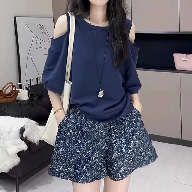 设计感纯欲露肩短袖T恤女夏季薄款胖MM大码女装宽松遮肉显瘦上衣