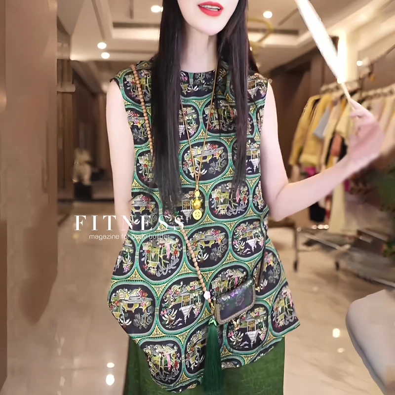 小众独特印花新中式无袖女夏季新款高级宽松遮肉大码上衣