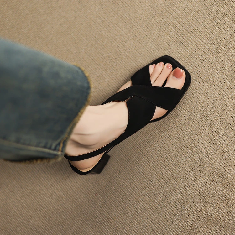 诗宝斐尔 粗跟6CM法式交叉带露趾凉鞋女夏百搭磨砂羊皮方头高跟鞋