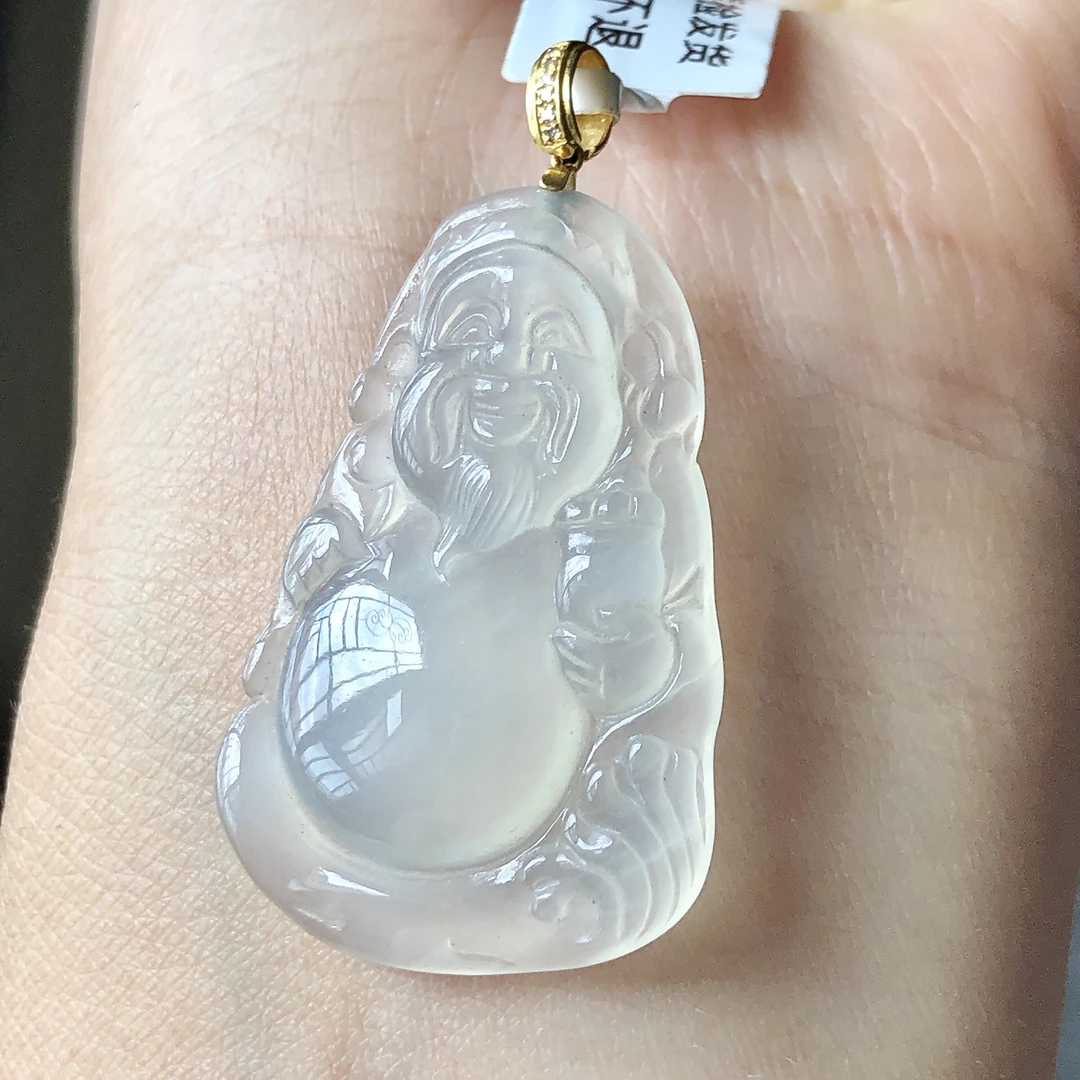 缅甸天然A货翡翠18k金镶嵌老坑冰种财神爷吊坠尺寸40/22.1/4.5