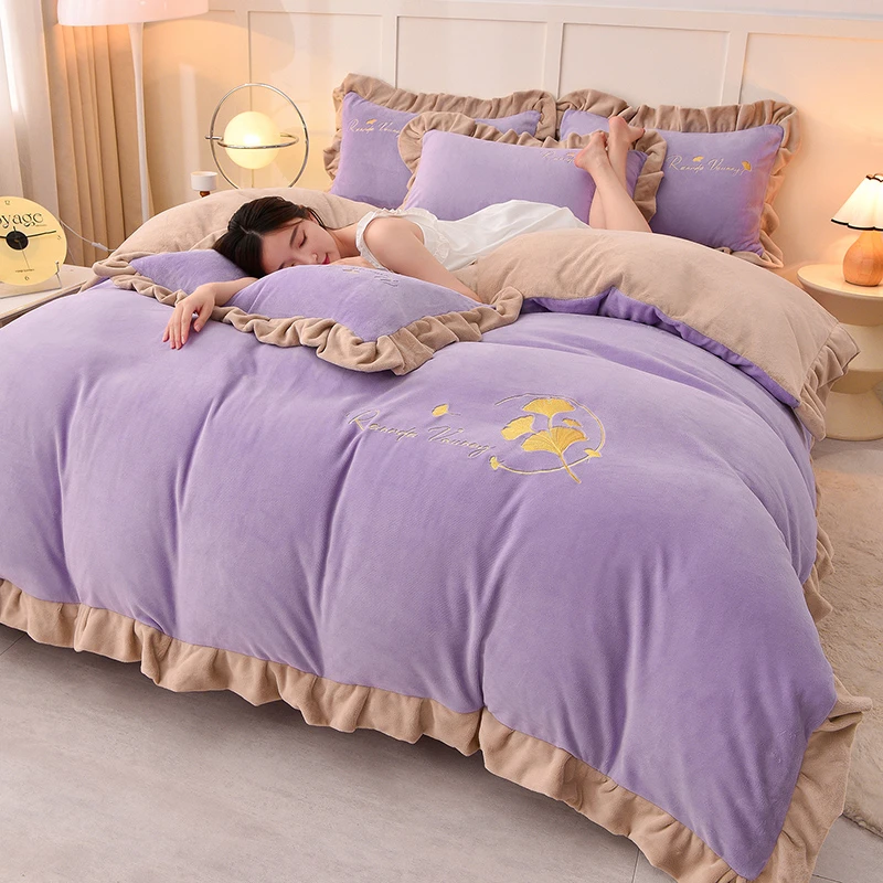 高端刺绣牛奶绒四件套加厚双面绒秋冬季保暖床单床笠被套床上用品