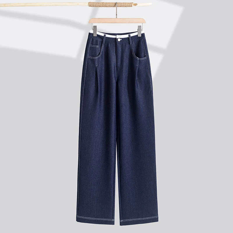 2025春季新款仿牛仔不掉色撞色拼接设计阔腿裤女高腰垂感直筒显瘦