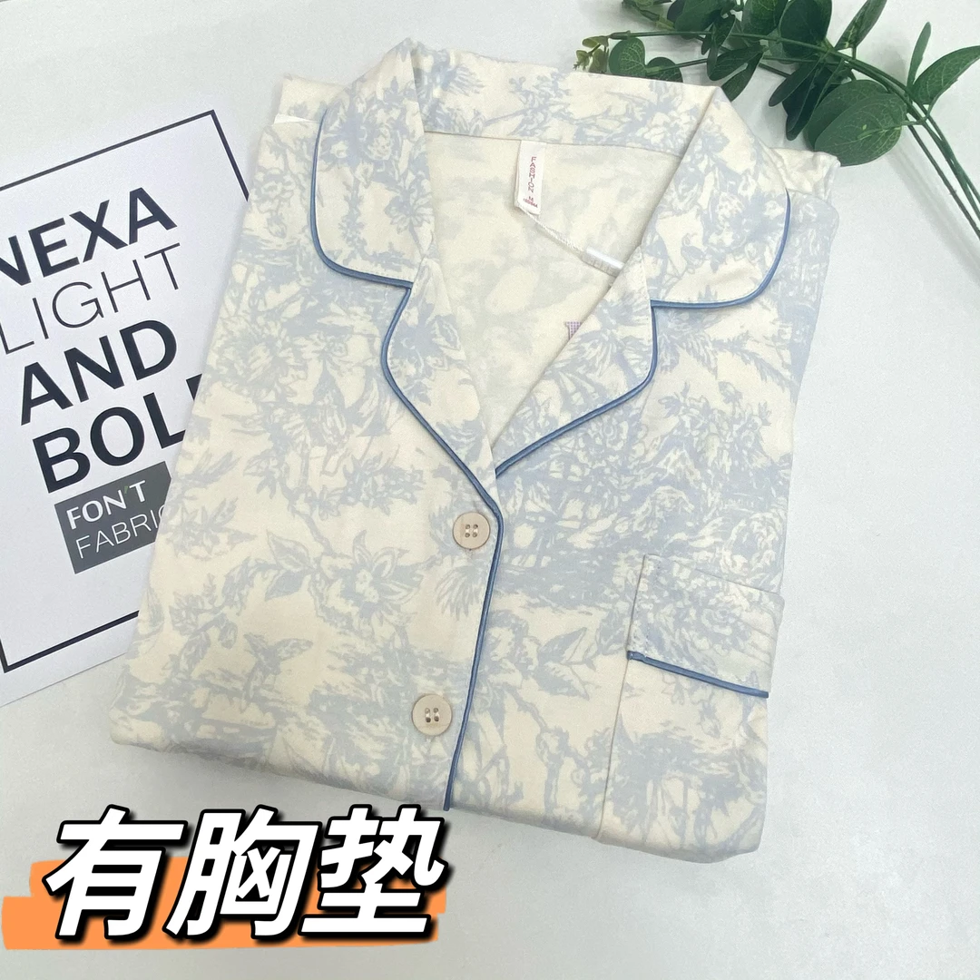 017/040#秋冬加厚水墨画带胸垫长袖长裤开衫女士睡衣套装家居服