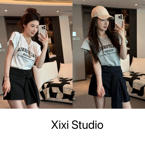 【西西】蕾丝字母短袖+西装半裙套装