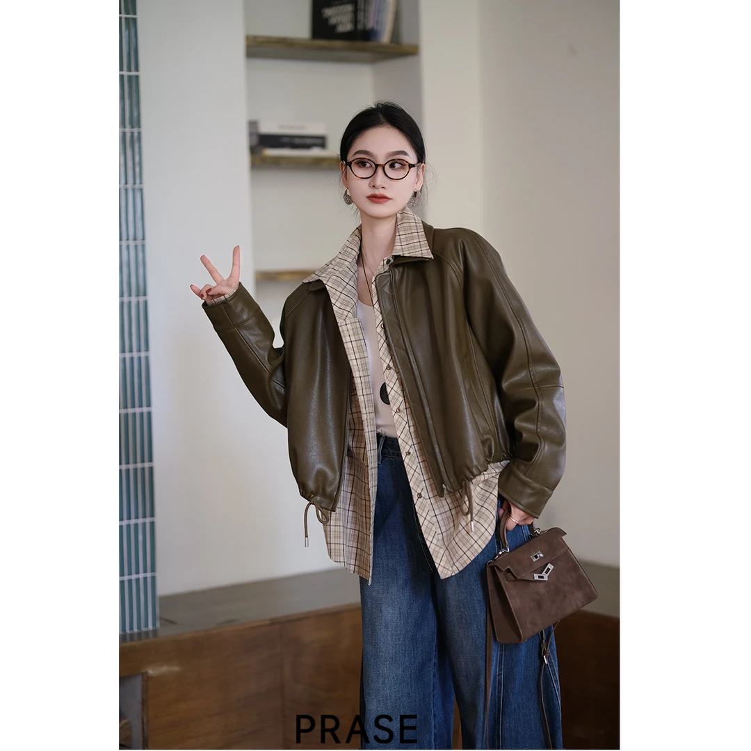 PRASE·噜【时髦玩家】微胖轻奢设计款秋短款气质皮衣外套PR507B122