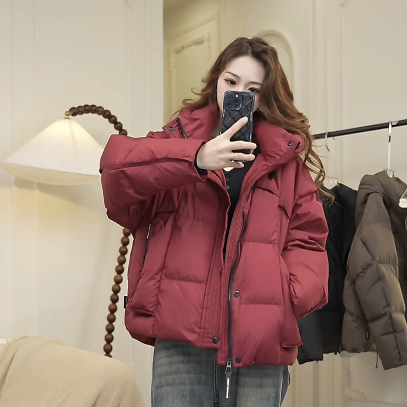 百搭休闲拉链包包服羽绒服女冬加厚宽松时尚连帽冬季外套韩版短款